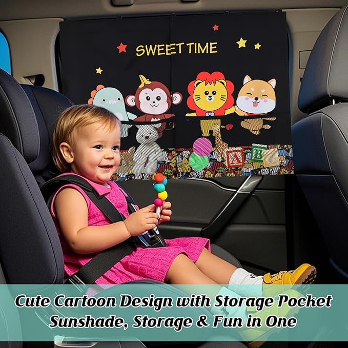 Car Window Shades for Baby, 2 Pack Magnetic Double Layer Car Sun Shade Baby with Storage Pockets, Adjustable Privacy Blackout/See-Through Cartoon Pattern Window Curtains for Kids UV Protection