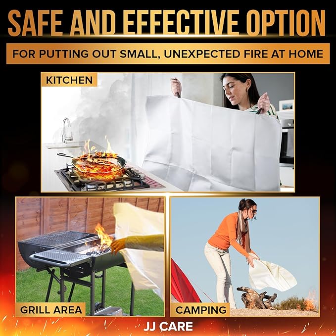 JJ CARE Fire Blanket for Home 40"x40" + 8 Hooks & 8 Gloves, Fire Suppression Blanket, Emergency Fire Blanket for People, Fire Blanket Kitchen, Emergency Use - White