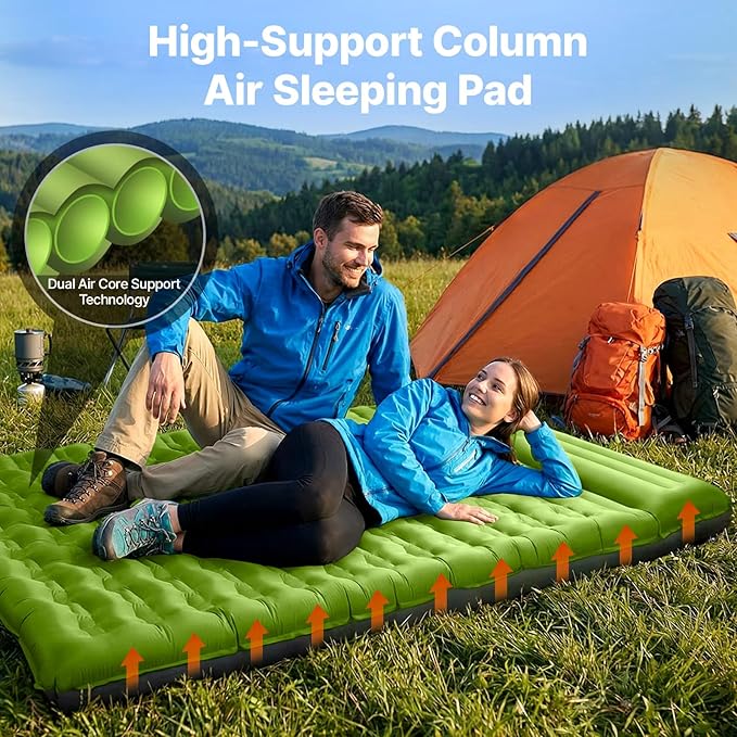OGERY Double Sleeping Pad, Ultralight Inflating Inflatable Sleeping Pad for Camping with Pillow Built-in Foot Pump, 6" Extra-Thick Reinforced Camping Pad for Hiking, Backpacking, Tent, Single,Green