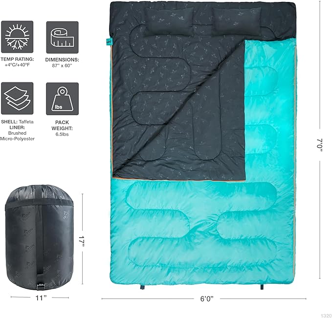 Teton Mammoth Queen Size Double Sleeping Bag- A Warm Bag The Whole Family can Enjoy – Great for Camping, Hunting and Base Camp. Compression Sack Included, 40F Teal