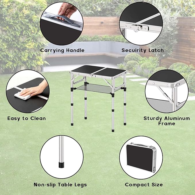 YihuiKo Small Folding Table, Aluminum 24" x 16" Adjustable Height Max 27.5" Folding Camping Table with Carrying Handle, Lightweight, Portable Camp Table for Outdoor Indoor Picnic Beach, Black