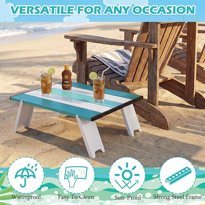 CroBlissful Beach Table Folding Camping Portable Table Striped White Aluminum Side with Carry Bag for Camping Picnics and Outdoor Activities(16x11x5 in,Mint Green)