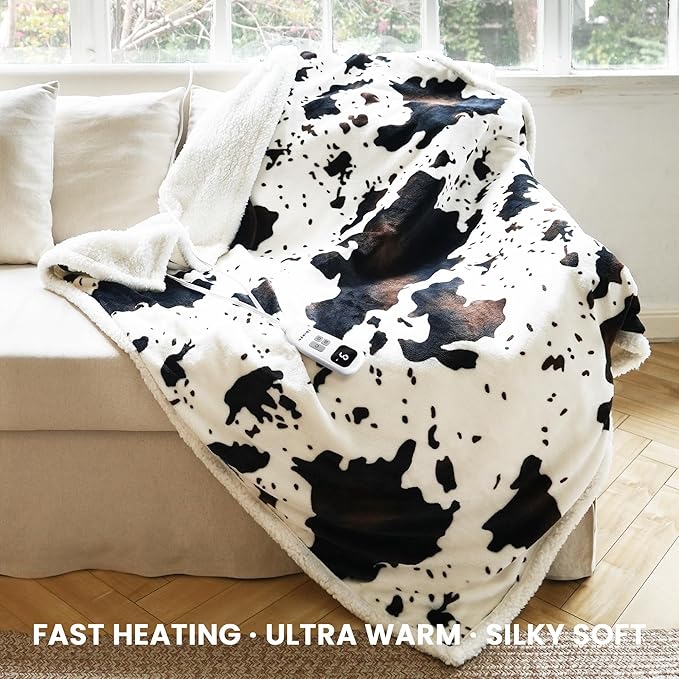 Heated Blanket Throw Blanket - Fast Heating Electric Blanket, Soft Flannel Heated Throw with 4 Time Settings, 10 Heating Settings, Warm Gifts for Women & Mom & Grandma(50"x60"Cow Print White)