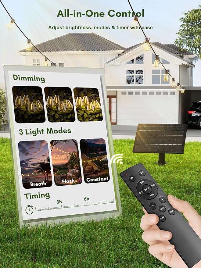 100FT Solar String Lights Outdoor Waterproof, 35+1 LED Solar Powered Lights with Remote Control, 3 Light Modes & Dimmable, USB-C Charging for Patio, Backyard, Garden, Camping