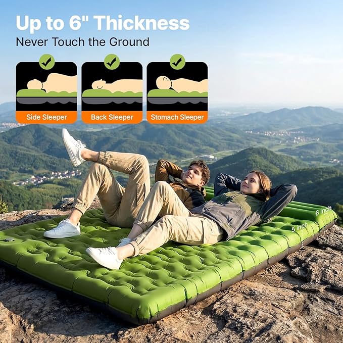 OGERY Double Sleeping Pad, Ultralight Inflating Inflatable Sleeping Pad for Camping with Pillow Built-in Foot Pump, 6" Extra-Thick Reinforced Camping Pad for Hiking, Backpacking, Tent, Single,Green