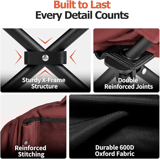 Overmont Oversized XL Camping Chair for Adults - 400lbs Support Heavy-Duty Padded Folding Chair with Side Pocket Cup Holder Cooling Bag for Outdoor Sports Garden Beach Fishing Lawn Red