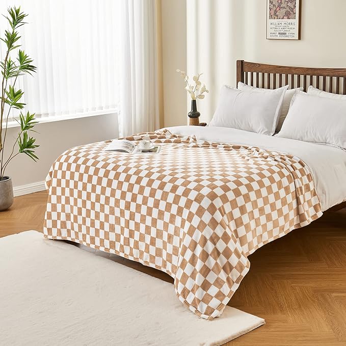 Edenleaf Checkered Blanket Flannel Throw Blankets Soft Cozy Checkered Grid Print Chessboard Gingham Pattern Throws for Bed Sofa Couch for All Seasons, 60x80 Inch, Blonde