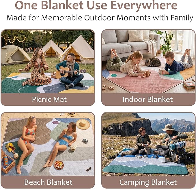 Exclusivo Mezcla Waterproof Picnic Blankets 60x80 Inch, 3 Layer Extra Large, Sandproof and Foldable Outdoor Blanket for Beach Camping, Park and Travel