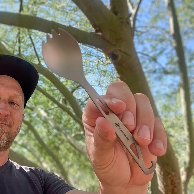 FlipFuel Titanium Spork – Ultralight Backpacking & Camping Utensil, Reusable Travel & EDC Spork with Multi-Function Hook