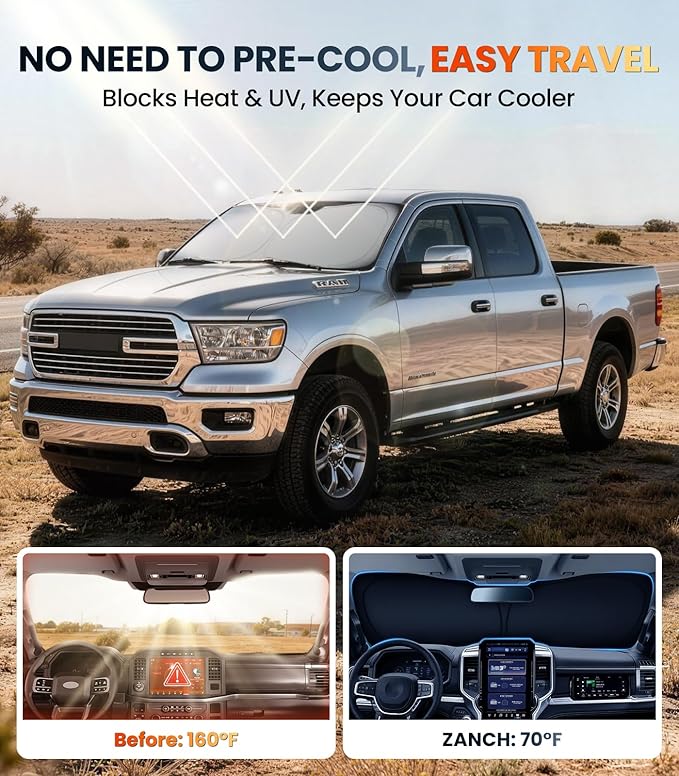 Zanch Custom Windshield Sun Shade for Dodge RAM 1500 2019-2026, 7-Layer Heavy-Duty UV & Heat Block Protection, 3D Laser Scanned Instant Cooling, Foldable Truck Accessories
