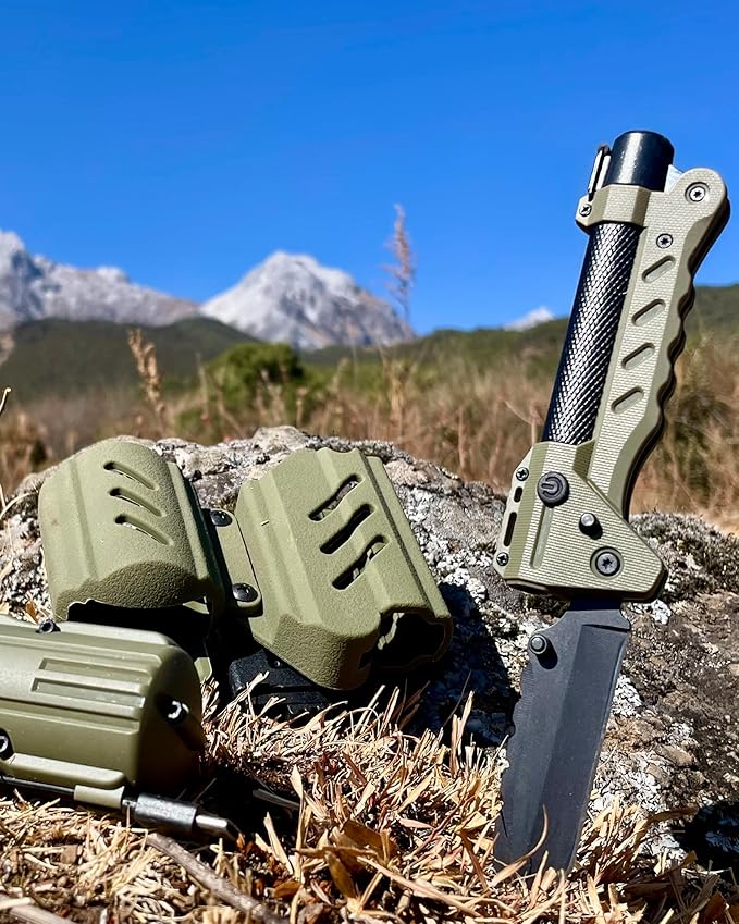 sayram Survival Multi Tool - 4-in-1 Tactical Knife, Rechargeable Flashlight, Pulse Arc Lighter, Hand Crank Generator for Emergency, Camping & Outdoor (Belt Sheath Included) (Green)
