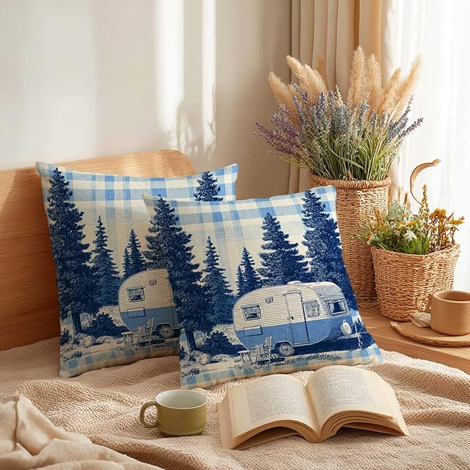 Cabin Throw Pillow Covers 18x18 Set of 2 | Rustic Camping Trailer Cushion Covers | Pine Forest Decorative Pillow Cases for Couch, Sofa, Lodge Bedroom and Lake House Decor
