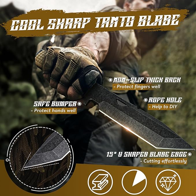 Dragon Creek Tactical Knife Kydex - Outdoor Survival Knife with Sheath D2 Steel Blade G10 Full Tang Handle for Camping Hiking Christmas Thanksgiving Gift Men Brown