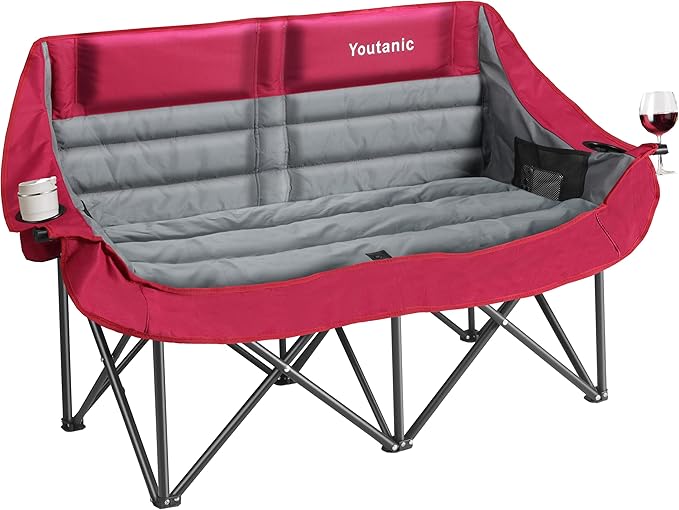 Youtanic Oversized Double Camping Chair, Folding Loveseat Camping Couch with Pocket, Cup Holder and Carry Bag, Heavy Duty Portable Camping Chairs for Adults, Fishing, Sports, Trip, up to 660lbs, Red
