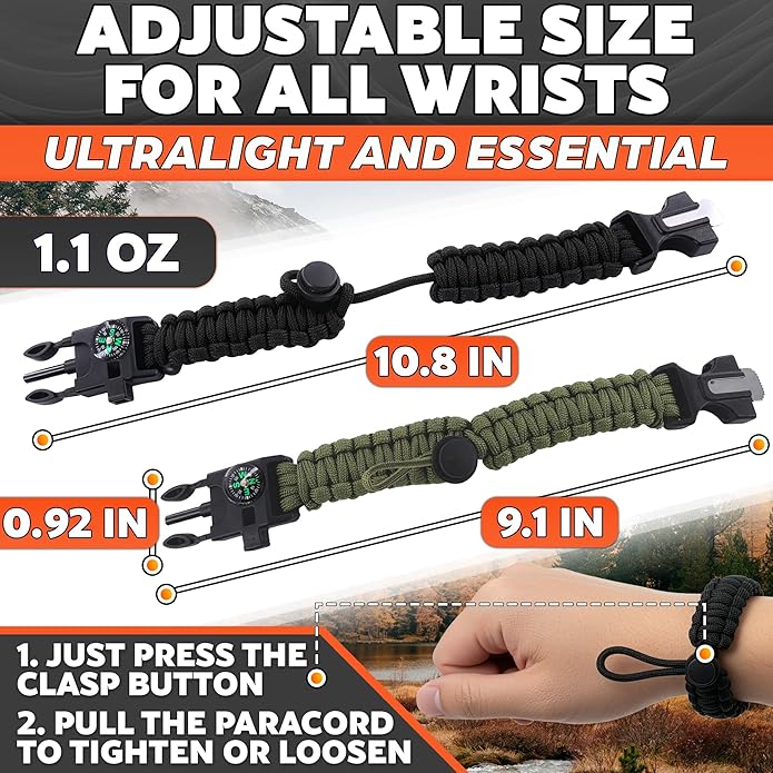 Paracord Bracelets for Men and Women – Adjustable Survival Paracord Bracelet with 10 ft Nylon Survival Cord, Flint Fire Starter, Compass, Whistle & Scraper – Gear for Camping, Hiking, Fishing & Travel