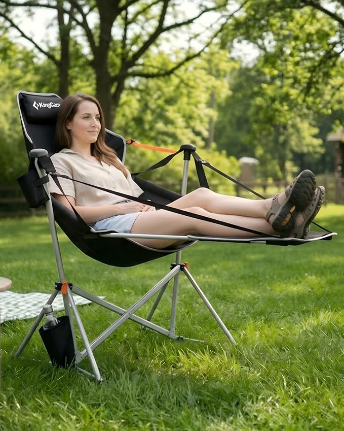 KingCamp Hammock Chair with Footrest – Heavy Duty Swinging Rocking Camping Chairs for Adults up to 400lbs, Folding Portable Oversized Rocker with Cup Holder & Pillow for Outdoor Beach Lawn RV Sports