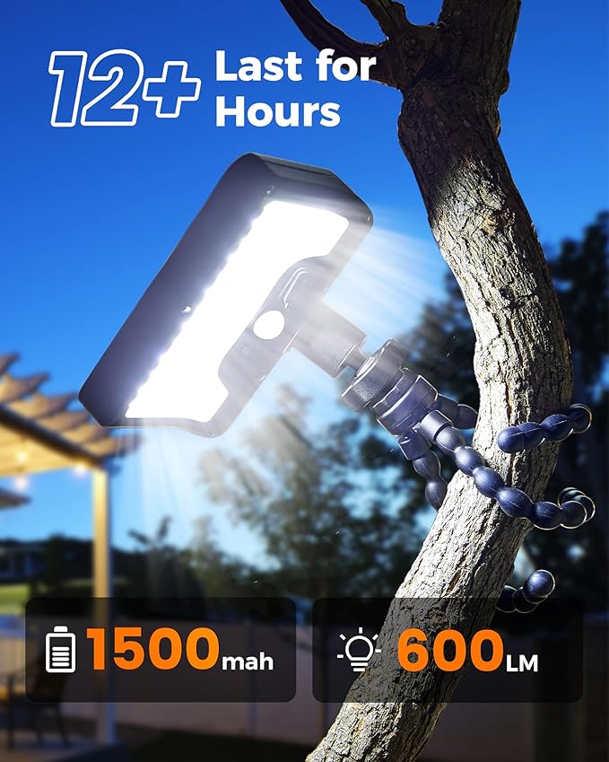 Motion Sensor Outdoor Lights with Flexible Octopus Tripod - 600LM Solar Sercurity Lights Waterproof, Dual Charging Solar Ourdoor Light for Camping,Fence, Patio (2, Black(6000K)