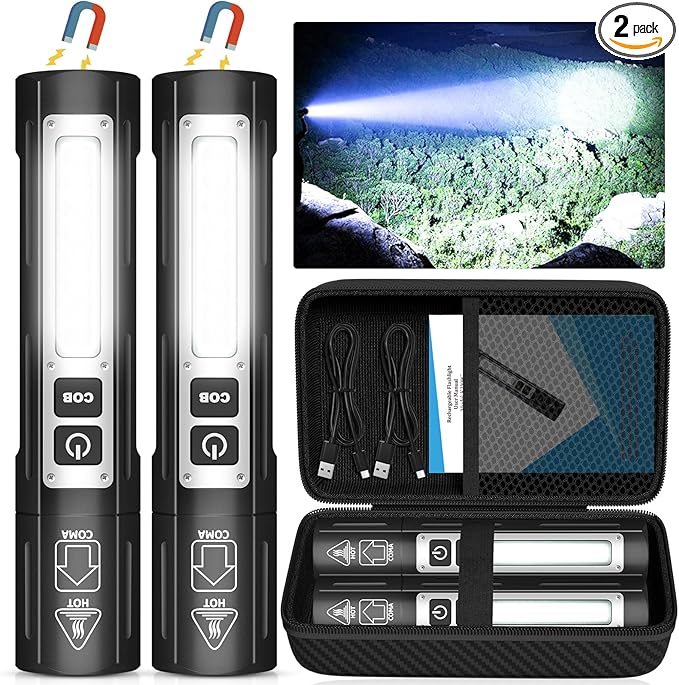 Rechargeable Flashlights High Lumens - Super Bright Small Pocket Magnetic Flashlight, 8 Modes LED Tactical Flash Light, Dual Button Powerful Work Light for Car,Home,Camping,Emergency (2, Pure Black)