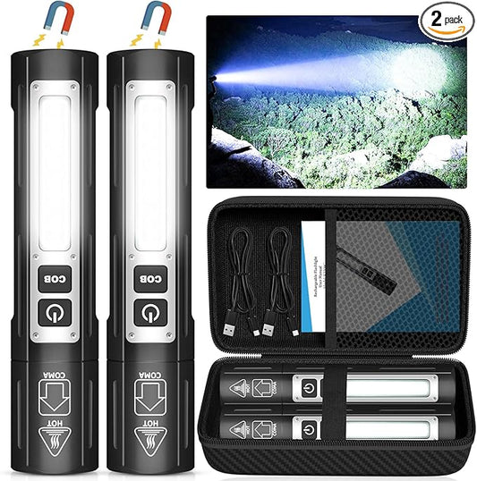 Rechargeable Flashlights High Lumens - Super Bright Small Pocket Magnetic Flashlight, 8 Modes LED Tactical Flash Light, Dual Button Powerful Work Light for Car,Home,Camping,Emergency (2, Pure Black)