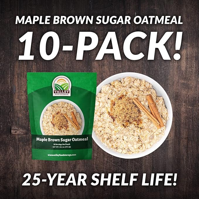 Valley Food Storage Maple Brown Sugar Oatmeal | 10-Bag Bucket, 100 Servings | Premium Emergency Food Supply, 25 Year Shelf Life | Survival Breakfast Food for Prepper Storage & Camping