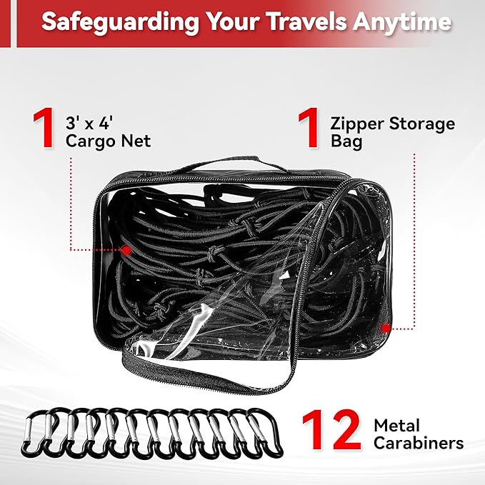 Reniteco Heavy-Duty 3'x4' Cargo Net Stretches to 6'x8' - Secures Heavy Loads with 12 Metal Carabiners, 4"x4" Mesh, Weather-Resistant & Includes Storage Bag for Trucks, SUVs, Jeeps, Trailers & Boats