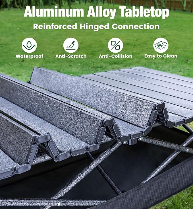 Folding Camping Table, 37.4" Aluminum Roll Top Table Lightweight, Adjustable Height Outdoor Table with Storage Mesh & Carry Bag, Portable Camp Gear for Picnic Tailgate BBQ, Black