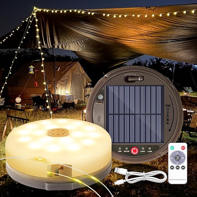 Camping String Light 4 in 1 Retractable 42ft Solar /USB Rechargeable 3600mAh Waterproof Hanging Outdoor Camping Lantern with 8 Lighting Modes, Portable Tent Lights for Hiking, Yard, RV (Warm Light)