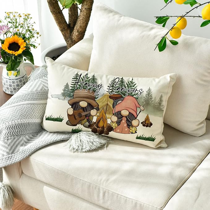AVOIN colorlife Happy Campers Throw Pillow Cover 12x20 Inch, Gnome Campfire Decoration for Home Sofa Couch