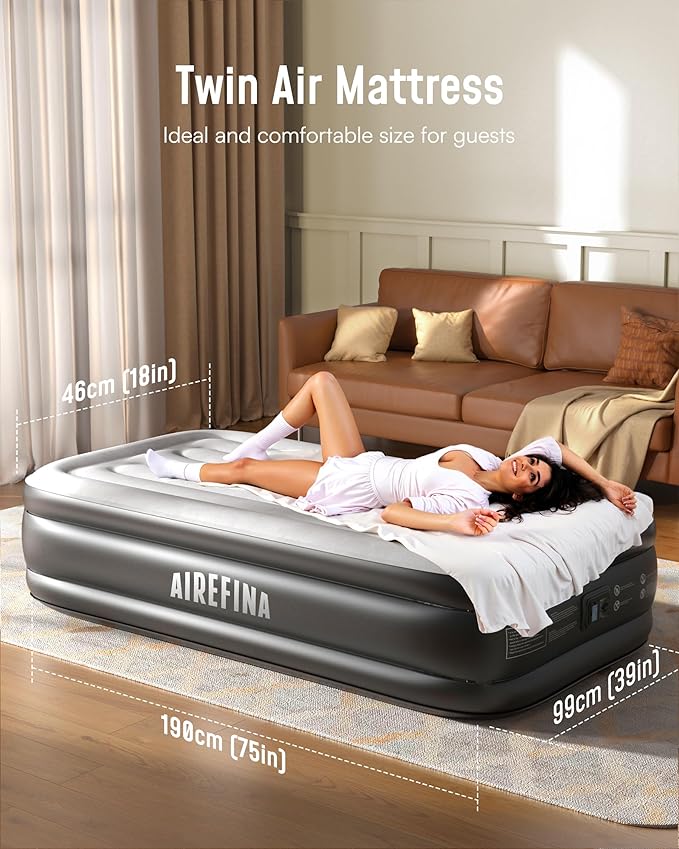 Airefina Twin Air Mattress with Built-in Pump, Upgraded 18" Raised Blow Up Air Bed, Fast 2-Min Self-Inflation, Comfortable Inflatable Mattress for Home Guest & Camping, Incl. Carry Bag & Repair Kit
