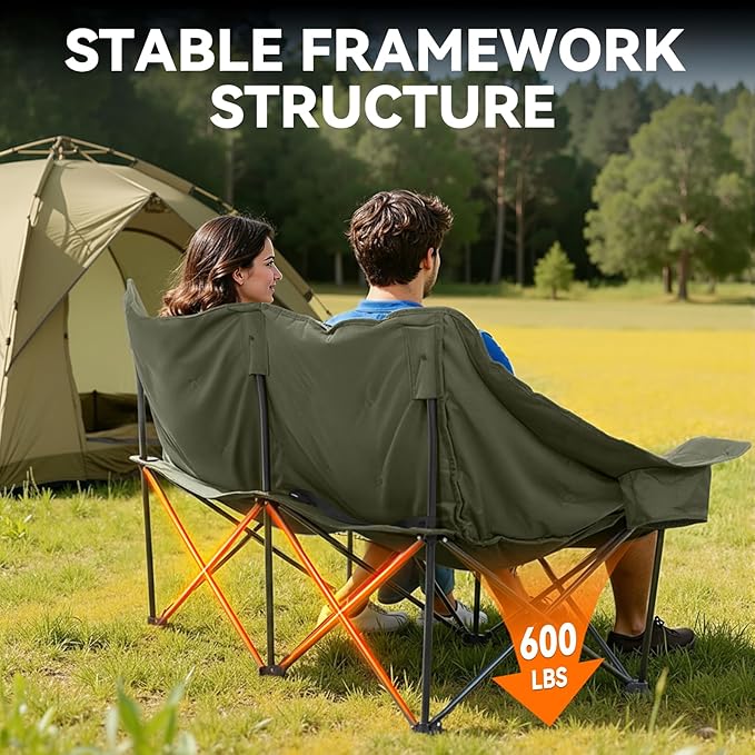 Huskfirm Double Camping Chair Oversized Padded Camping Chairs for Adults Folding Loveseat with Cup Holders and Side Pockets Heavy Duty Outdoor Lawn Chairs for Camping,Sports, Fishing,Beach,Green