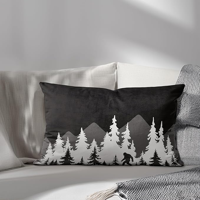 Bigfoot Sasquatch Forest Camping Throw Pillow Cover 20x12, Camping Themed Pillowcase for RV Campsite Sofa Decor, Fun Gift for Campers,150-BZ