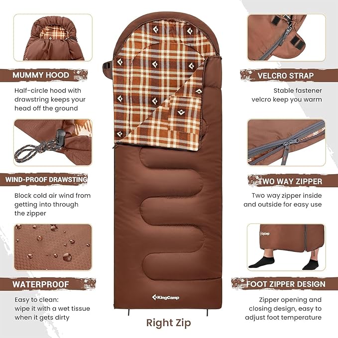 KingCamp Cotton Flannel Sleeping Bag, 90x35 Sleeping Bags for Adults Cold Weather, Big and Tall, Zip Together for 2P Sleeping Bag for 4 Season, Lightweight, Water Resistant for Camping Backpacking