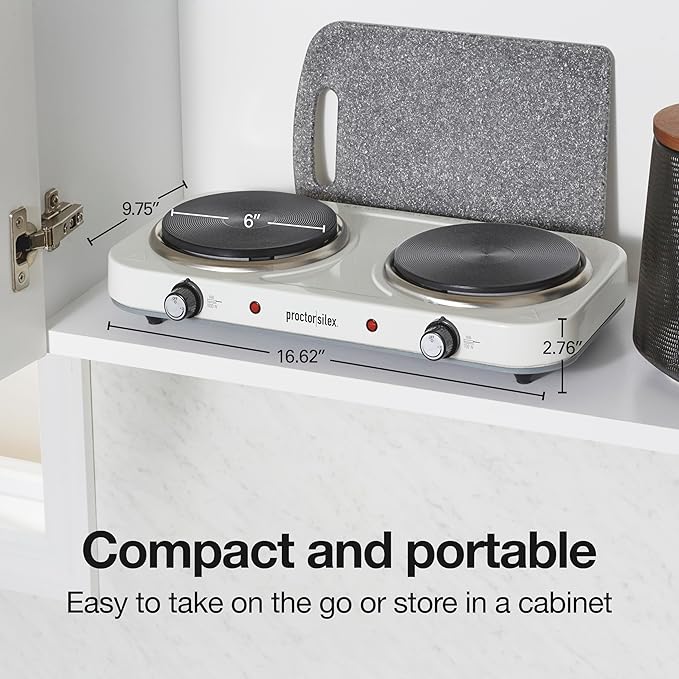Proctor Silex Portable Electric Stove, Cast Iron Double Burner Cooktop, Compact, Adjustable Temperature Hot Plate, 1700 Watts, White (34117)