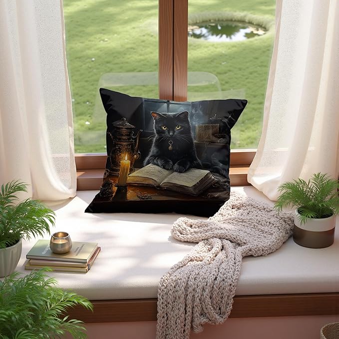 Dark Academia Witchy Black Cat Pillow Covers 18x18, Gothic Moody Reading Cat Decorative Throw Pillow Covers for Home Bedroom Library Reading Room Nook Corner