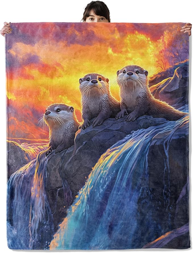 Sunset Otter Waterfall Blanket, Cozy Flannel Cute Otters Throw Blanket, Soft Fuzzy Blankets for Travel Home Decor, All Season Lightweight Couch Bed Cover, Gifts for Women Adults Kids 50"×60"