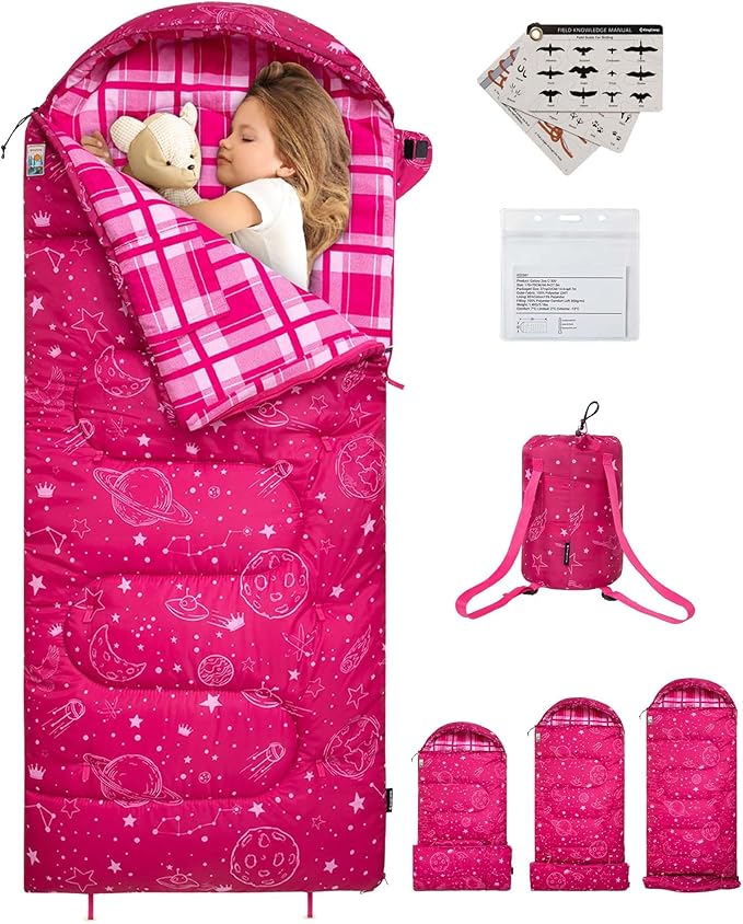 KingCamp 45°F Kids Sleeping Bag, Lightweight Waterproof & Compact Flannel Sleeping Bags Cold Weather & Warm Youth Essentials Gear Accessories for Camping, Fits 10-12 Children up to 4'7"-5'5" Tall