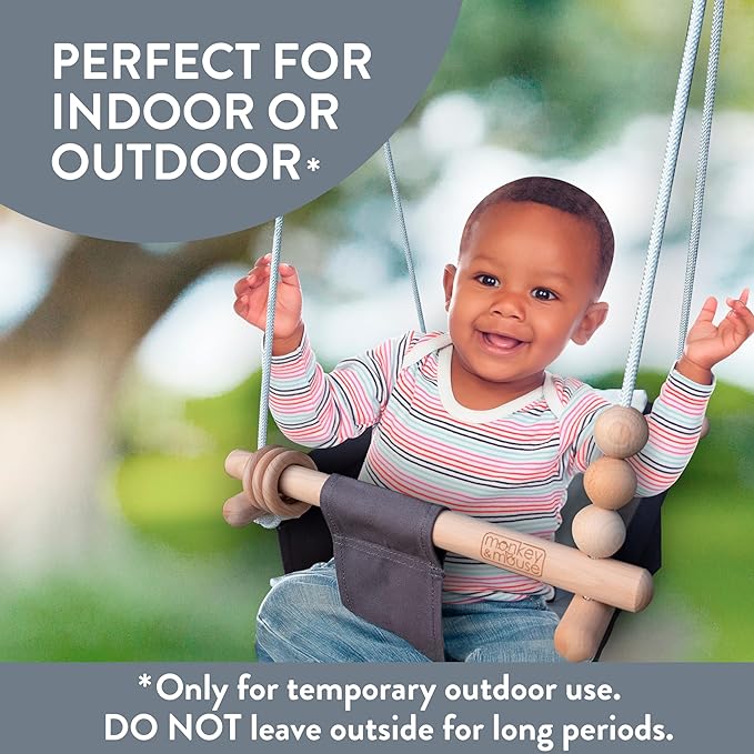 Monkey & Mouse Baby Swing, Pale Green Indoor Outdoor Portable Hanging Chair - Infant & Toddler Kids 6 Months - 4 Years, Cotton Canvas & Beech Wood Frame, Sensory Hammock Boy & Girl Seat w/Wooden Toys