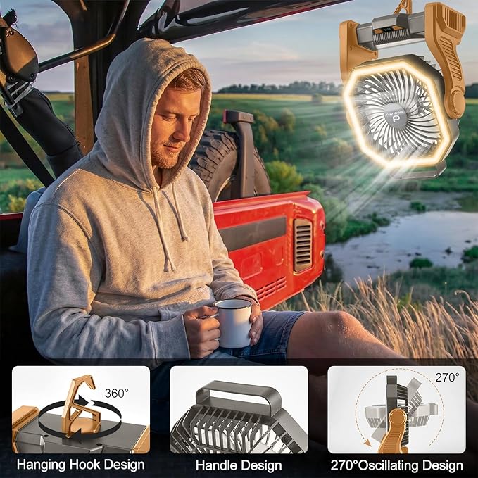 Odoland Rechargeable Camping Fan, 20000mAh Battery Fans with LED Lantern for Tent Car Beach Storm, Portable Light Desk Cooling Fan for Picnic Power Outage Hurricane, Brown