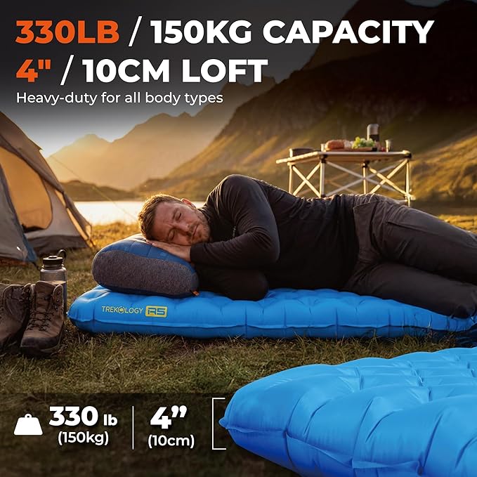 Trekology Insulated Sleeping Pad Backpacking Ultralight - SGS-Certified 5.5 High R Value Mat, 4" Thick 75x25” Wide Rectangular Mattress for Camping, 150kg Capacity, 28oz, ALUFT R5