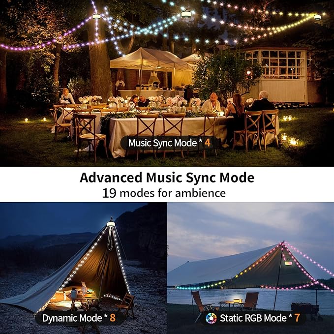 TOHETO Camping String Lights, 3 in 1 Upgraded Retractable RGB Outdoor String Lights with 19 Lighting Modes, Quick 30s Recovery, 32.8 FT Portable Tent Lights, Rechargeable Camping Lantern (Green)