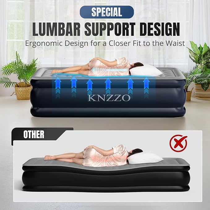 KNZZO Queen Air Mattress with Built-in Pump, 18" Top Inflatable Mattress with Waterproof Flocking Fabric, Three-Minute Quick-Inflatable Bed. Portable Blow Up Mattress for Home, Outdoor and Guests
