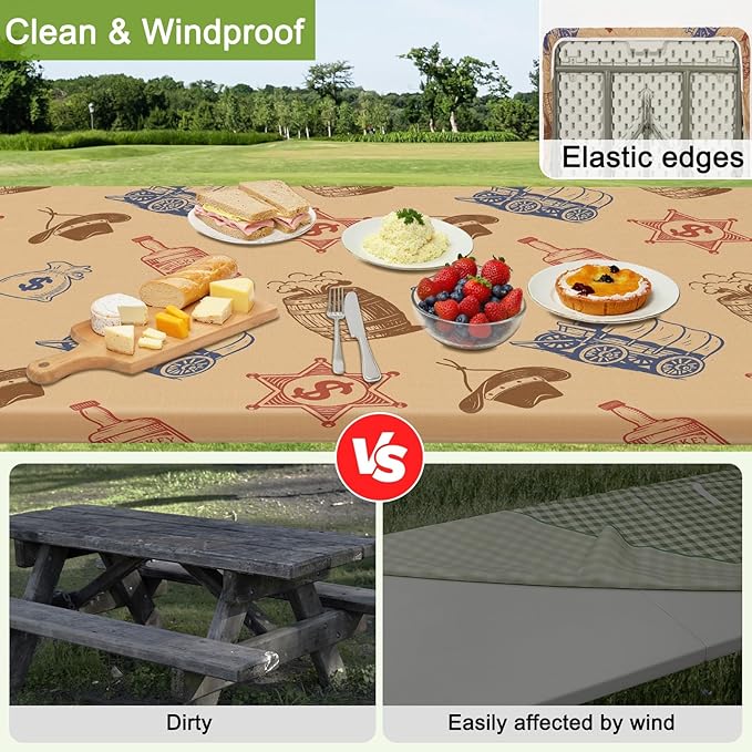Picnic Table Cover with Bench Covers Portable Table Cloth Built-in Storage Pocket Fitted Tablecloth with Elastic Edges Waterproof Camping Essentials for Indoor Outdoor Rv,72in,Colored Denim