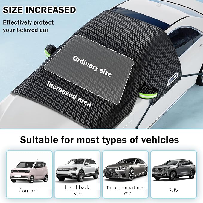 Large Car Windshield Cover for Ice and Snow - Automotive Windshield Snow Covers with Side Window & Rearview Mirror Protector, Winter Magnetic Car Anti-Snow Cover, Universal for Most Cars,Sedan,SUV