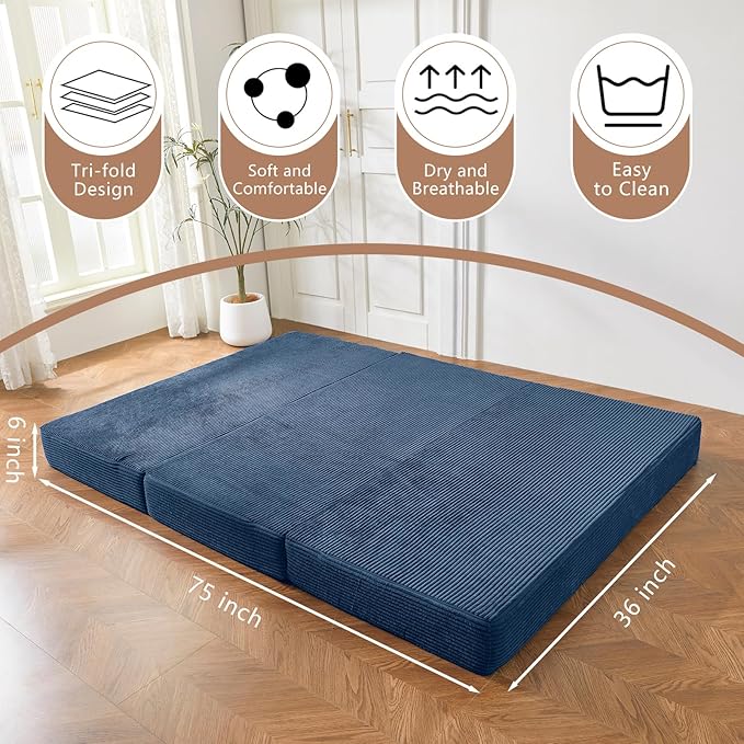 BYBYME Tri-Folding Corduroy Mattress, 6 Inch Gel Folding Mattress Topper, Foldable Soft Guest Bed Camping Pad, Washable Cover (Bluestone, Twin)