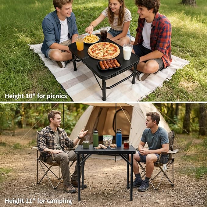 2FT Small Camping Portable Table, Black Aluminum Frame, Adjustable Height up to 21", Lightweight Carry Handle, Portable for Travel, Camping Outdoor Use