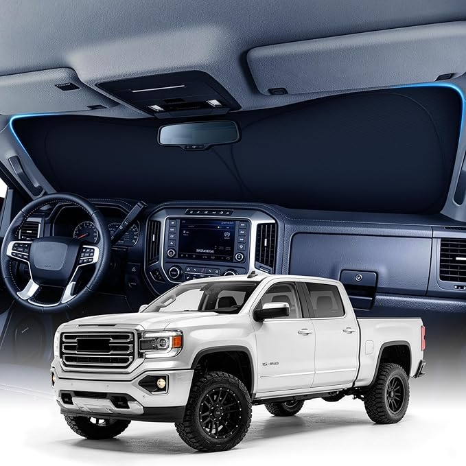 Custom Windshield Sun Shade for GMC Sierra 1500/2500/3500 2019-2026, Zanch 7-Layer Heavy-Duty UV & Heat Block Protection, 3D Laser Scanned Instant Cooling, Foldable Truck Accessories