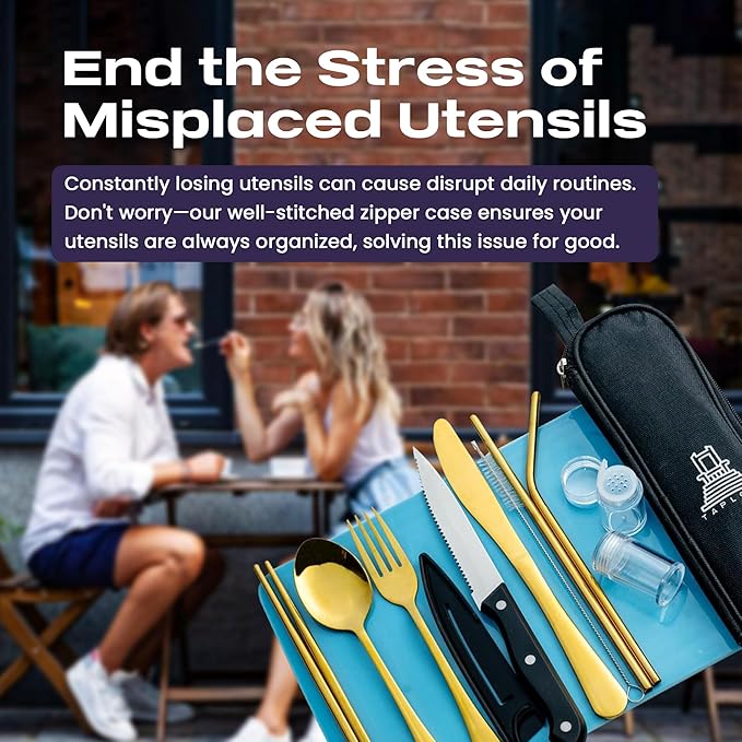 Taplord Portable Travel Silverware Set With Case, Includes 10 Pcs of Travel Utensils With Case, Stainless Steel Flatware Set For Camping, Lightweight (Gold)