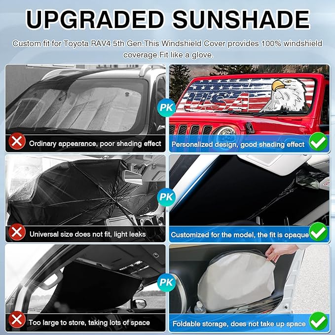 Canvcle Windshield Flag Sun Shade Sun Visor Heat Shield for 2018-2026 Jeep Wrangler JL & 2/4 Door 4XE & 2020-2026 Jeep Gladiator JT Thicken 3-Layer Keep Vehicle Cool Protect Your Car from Sun Heat