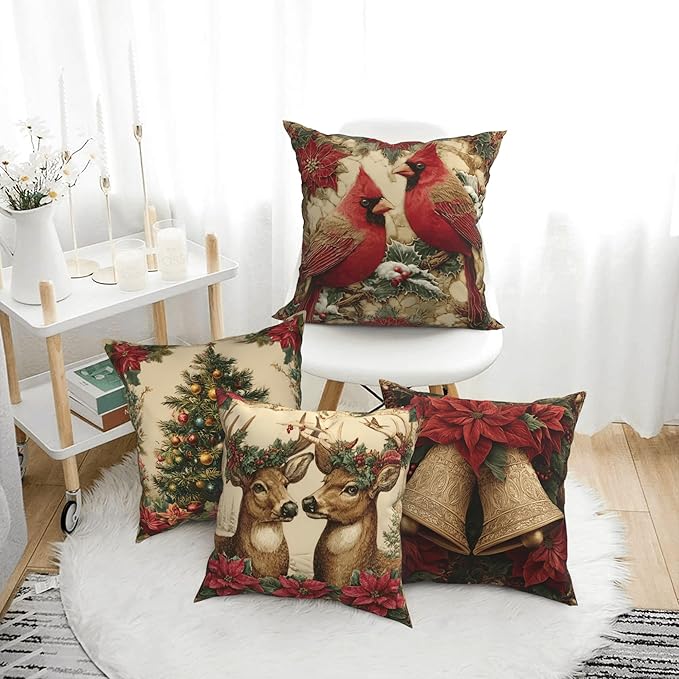 Christmas Throw Pillow Covers 18 X 18 Inch Set of 4 Decorative Cushion Cover Home Decor for Sofa Chair Couch Bedroom Living Room