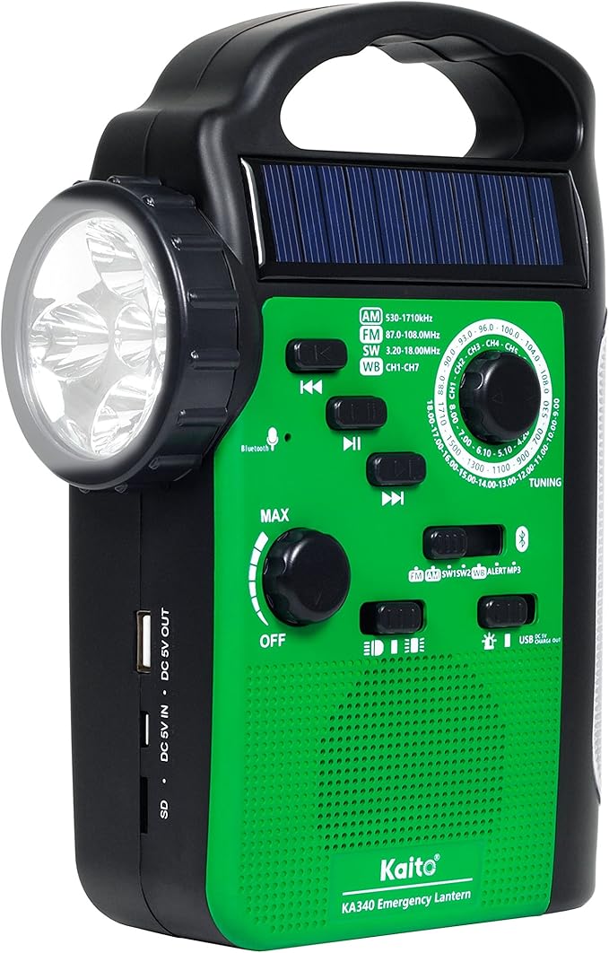 Kaito KA340 Solar Dynamo Hand Crank Rechargeable LED Camping Lantern for Emergency AM/FM/SW NOAA Weather Alert Solar Radio with Bluetooth, Flashlight, Phone Charger, MP3 Player & Siren (Green)